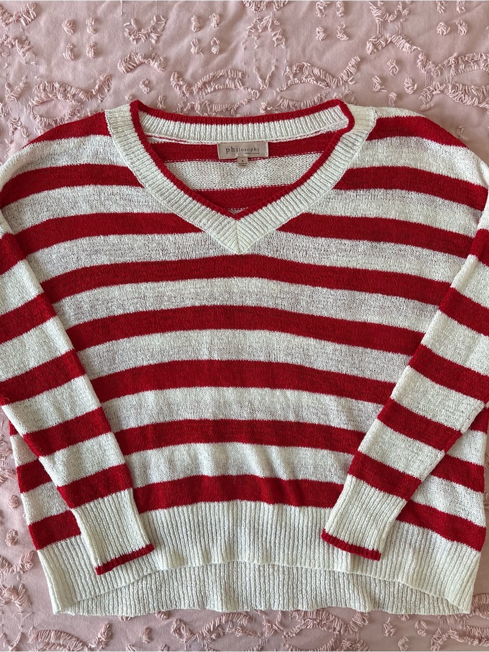 Philosophy Red and White Striped V-Neck Sweater